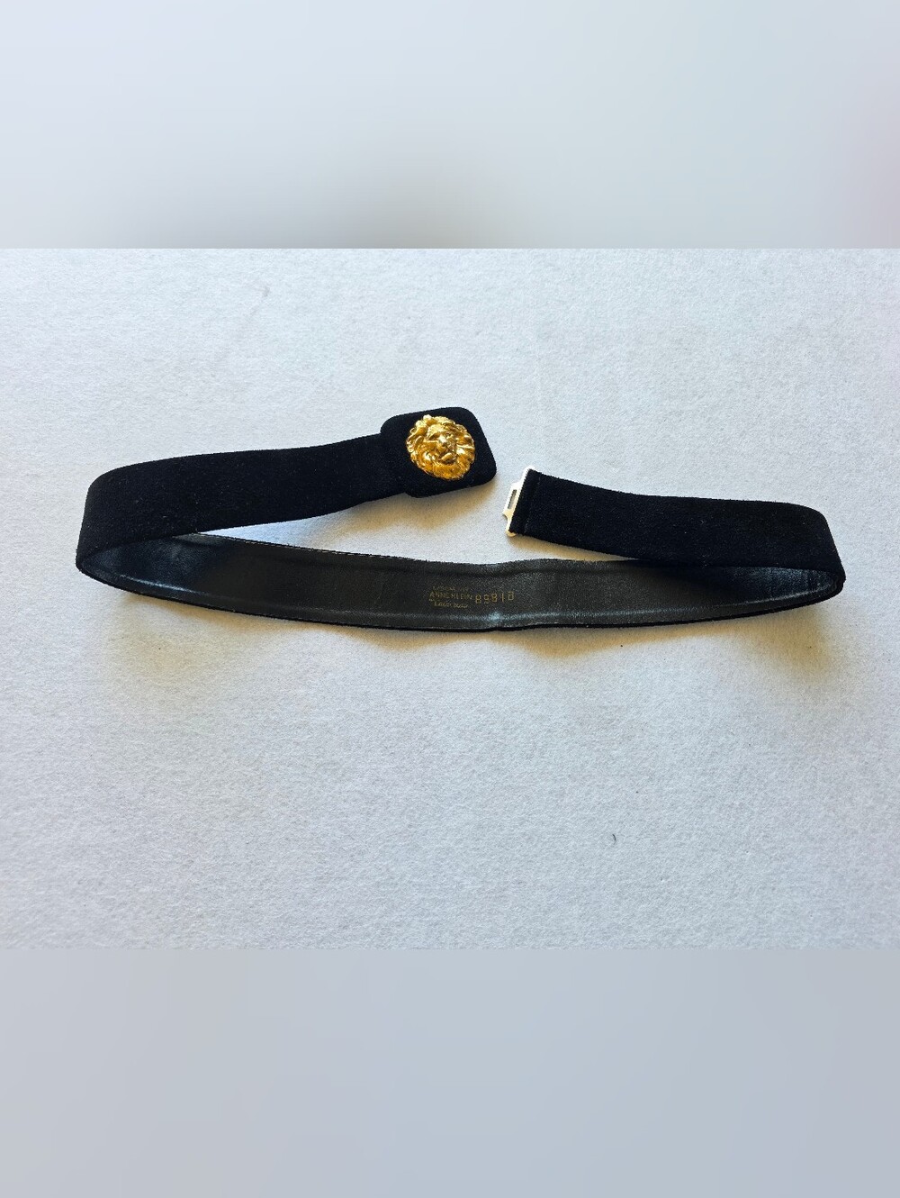 Vintage Anne Klein Black Velvet Belt with Gold Lion Head Accent